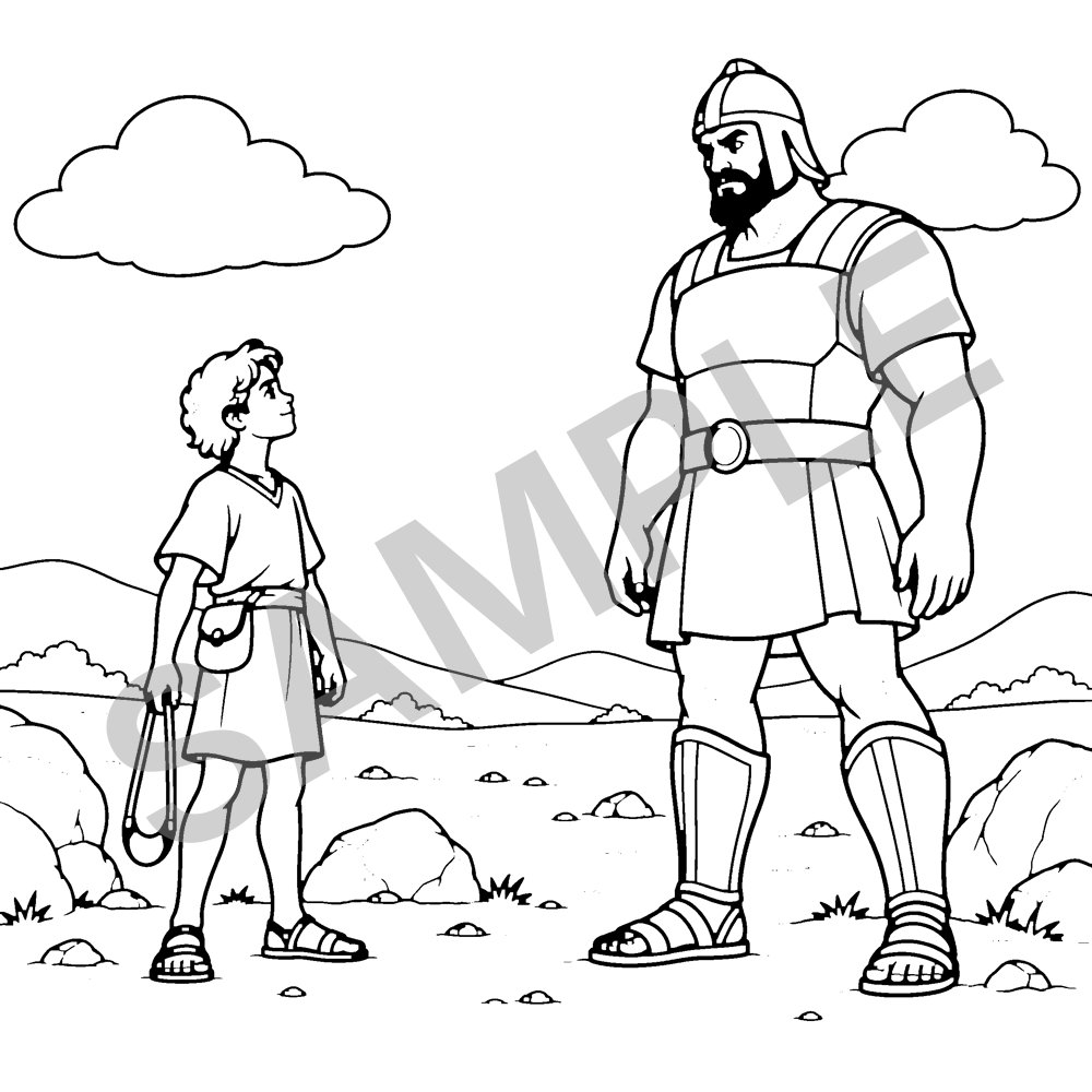 Sample page from Bible Stories Coloring Activity Book for Kids: David Faces Goliath, marked SAMPLE