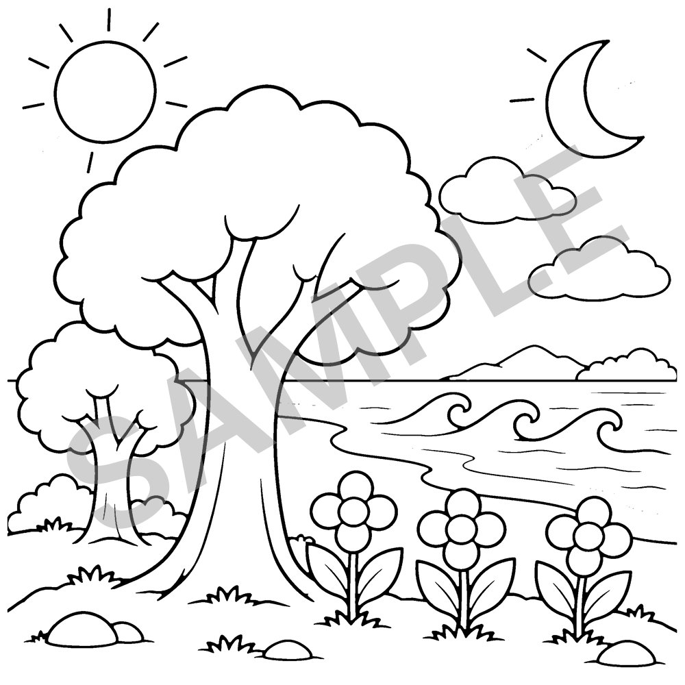 Sample page from Bible Stories Coloring Activity Book for Kids: Creation Story, marked SAMPLE