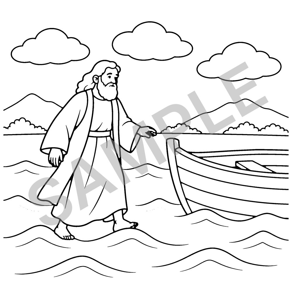 Sample page from Bible Stories Coloring Activity Book for Kids: Jesus Walks Water, marked SAMPLE
