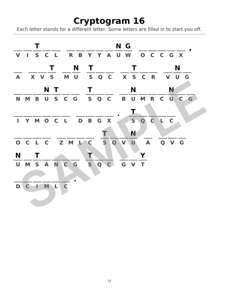 Sample page from Large-Print Beginner Cryptograms: Cryptogram 16, marked SAMPLE