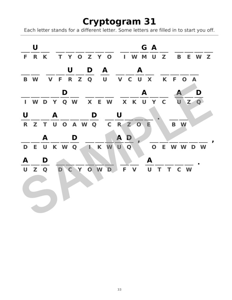 Sample page from Large-Print Beginner Cryptograms: Cryptogram 31, marked SAMPLE