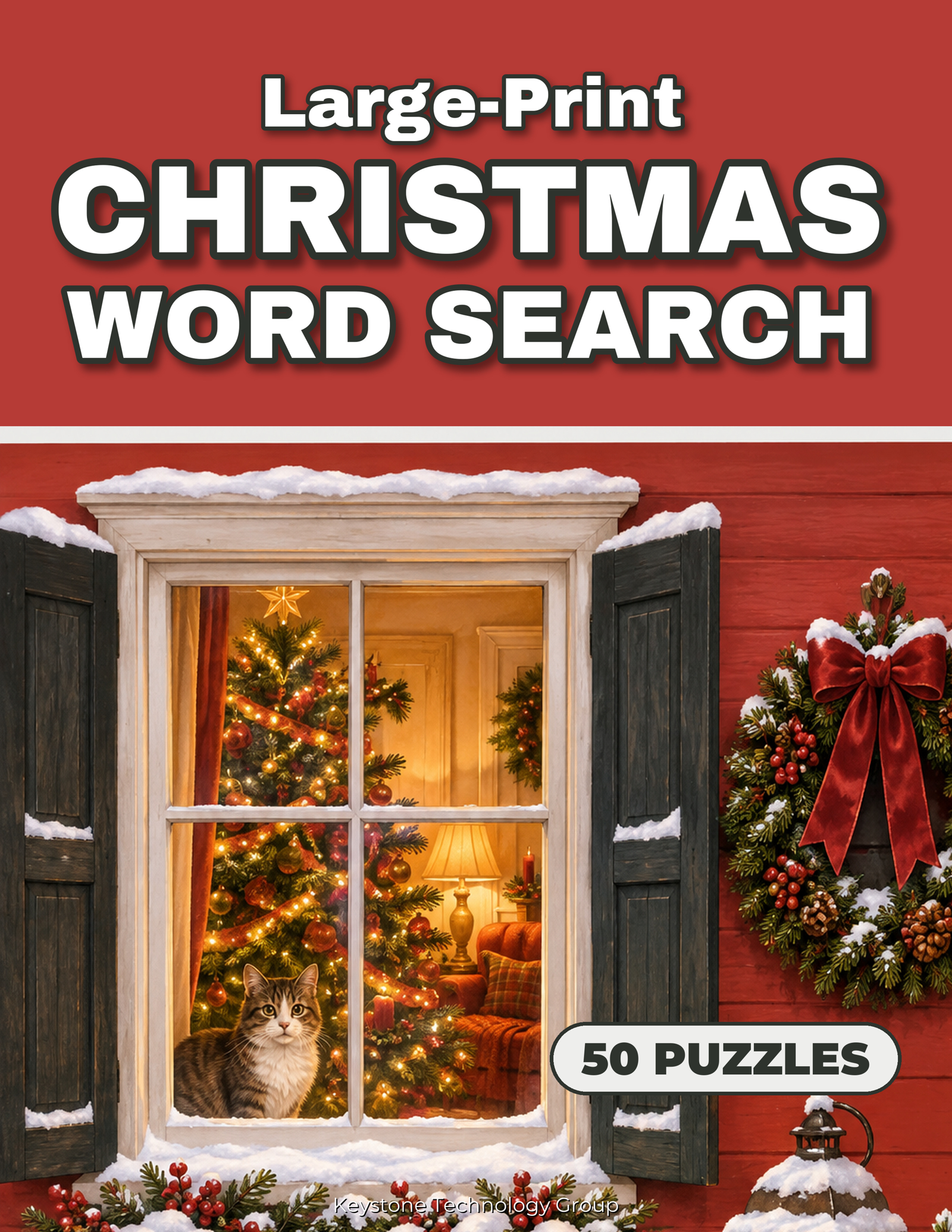 Cover page for Large Print Christmas Word Search featuring holiday-themed graphics and clear, bold text.