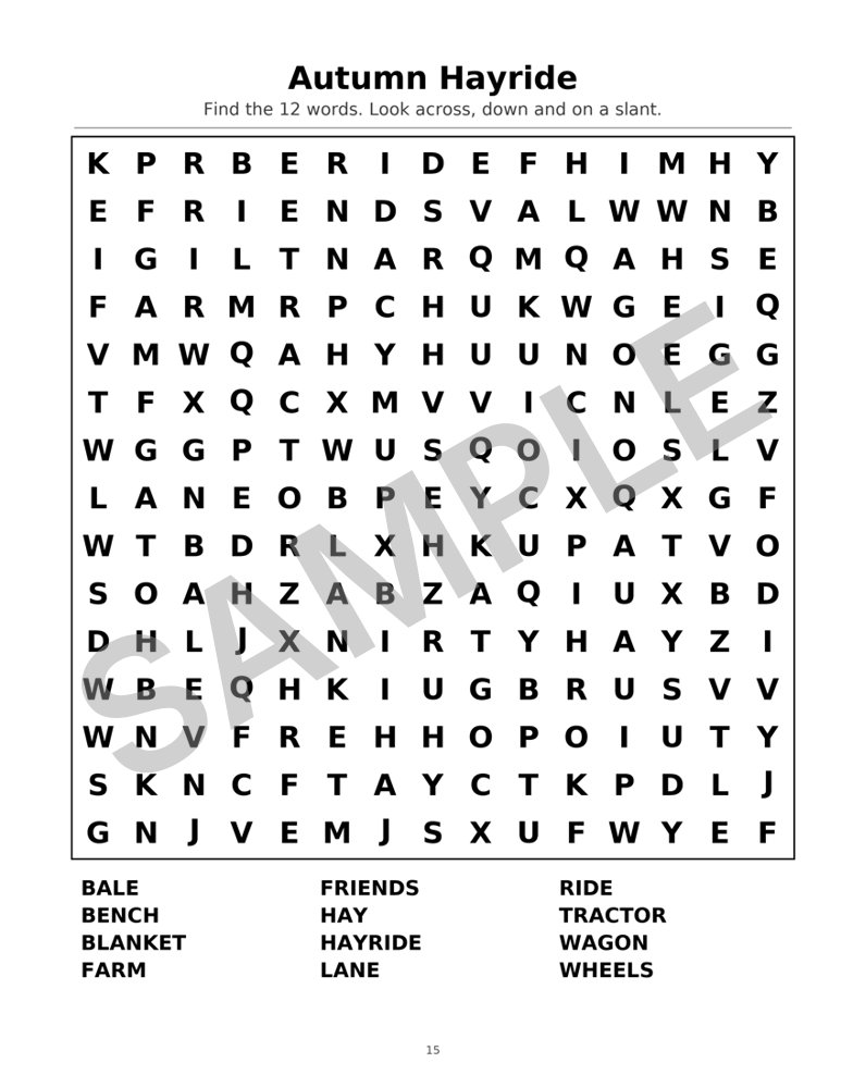 Sample page from Large-Print Halloween Word Search: Word Search: Autumn Hayride, marked SAMPLE