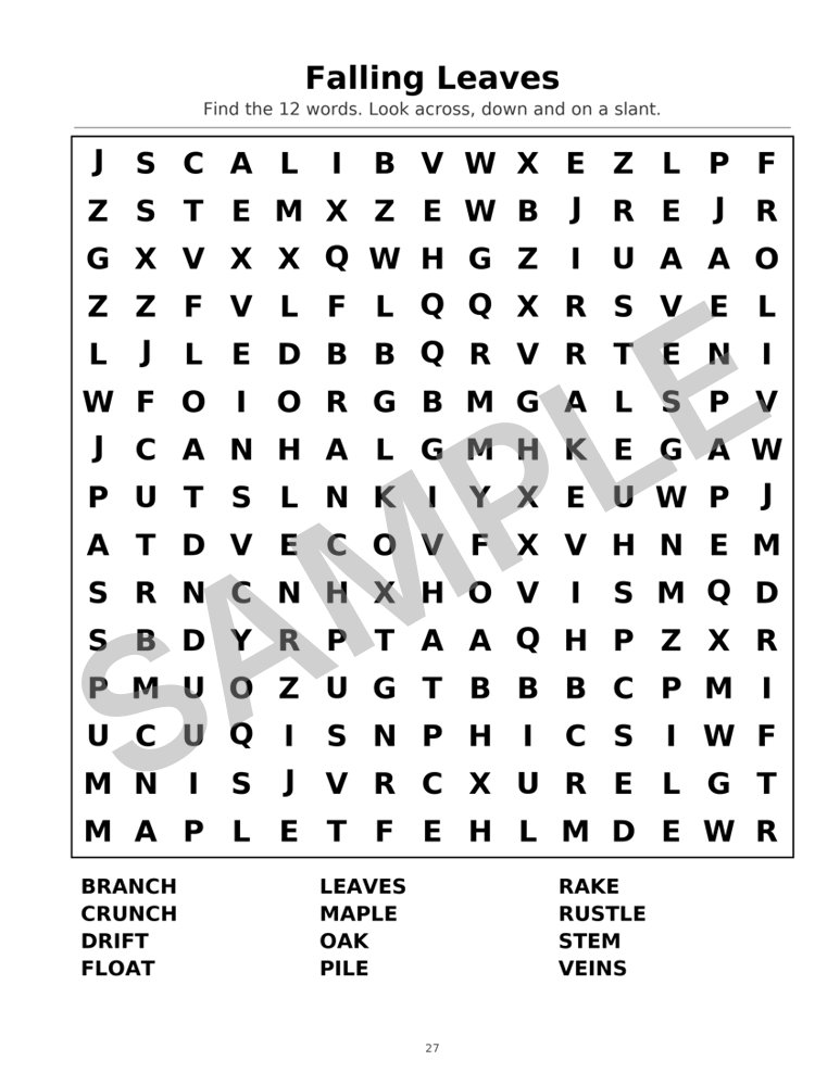 Sample page from Large-Print Halloween Word Search: Word Search: Falling Leaves, marked SAMPLE