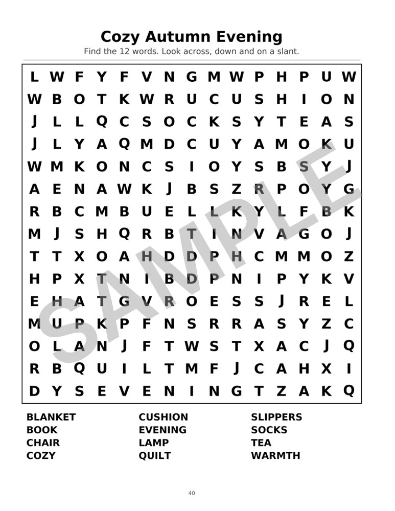Sample page from Large-Print Halloween Word Search: Word Search: Cozy Autumn Evening, marked SAMPLE