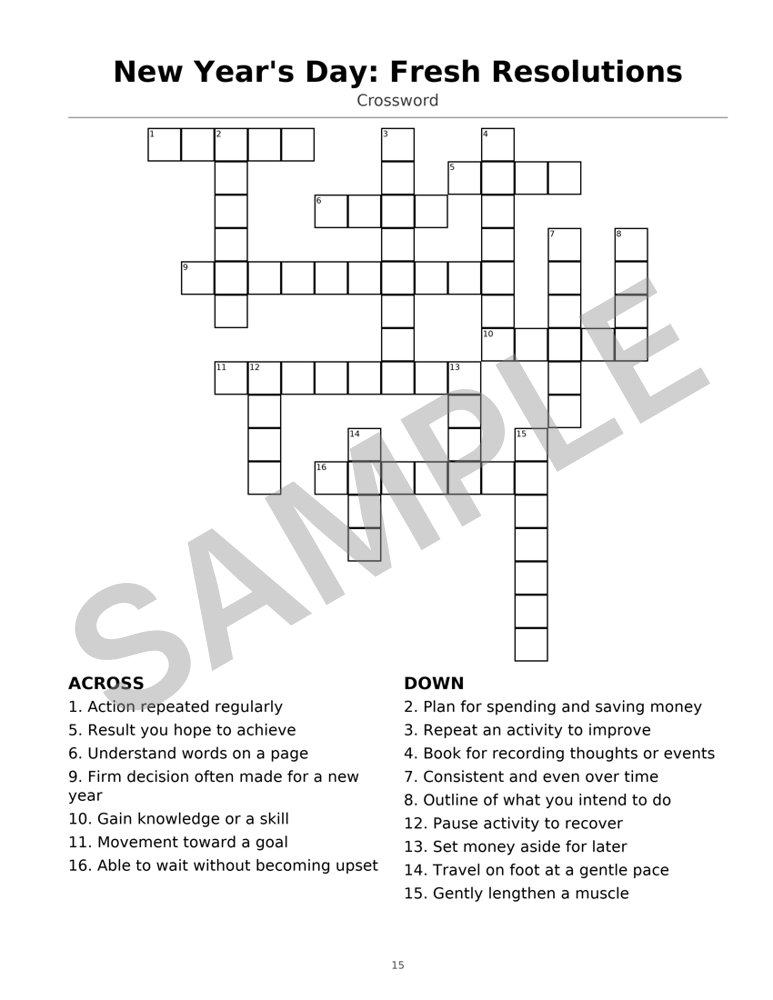Sample page from Large-Print Holiday Crossword Puzzle Book: Crossword: New Year's Day: Fresh Resolutions, marked SAMPLE
