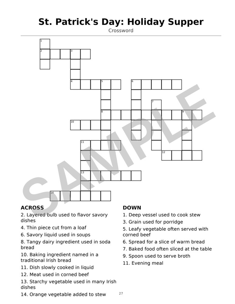 Sample page from Large-Print Holiday Crossword Puzzle Book: Crossword: St. Patrick's Day: Holiday Supper, marked SAMPLE