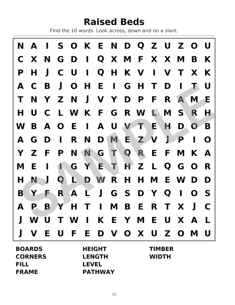 Sample page from Large-Print Spring Word Search: Word Search: Raised Beds, marked SAMPLE