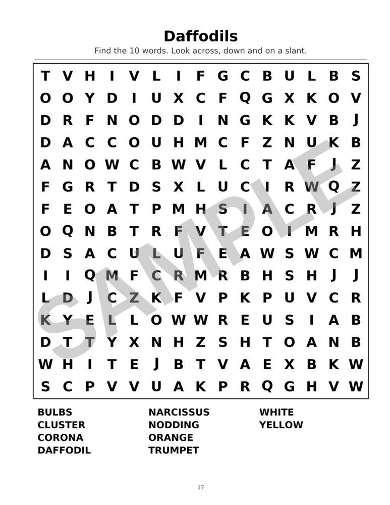 Sample page from Large-Print Spring Word Search: Word Search: Daffodils, marked SAMPLE