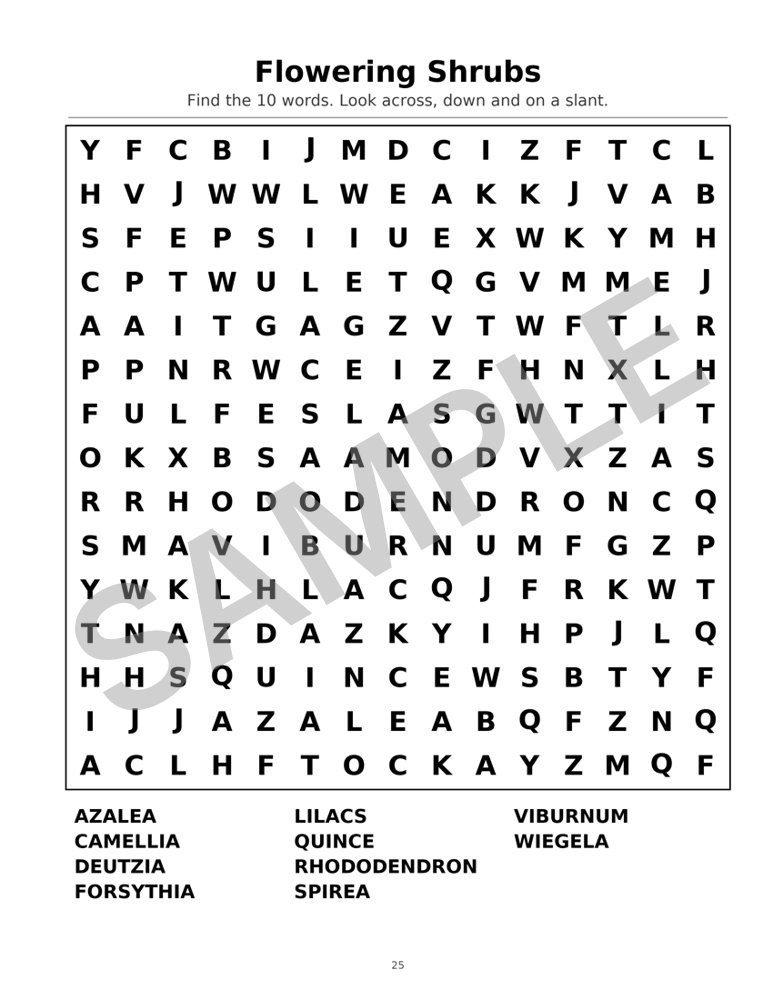 Sample page from Large-Print Spring Word Search: Word Search: Flowering Shrubs, marked SAMPLE