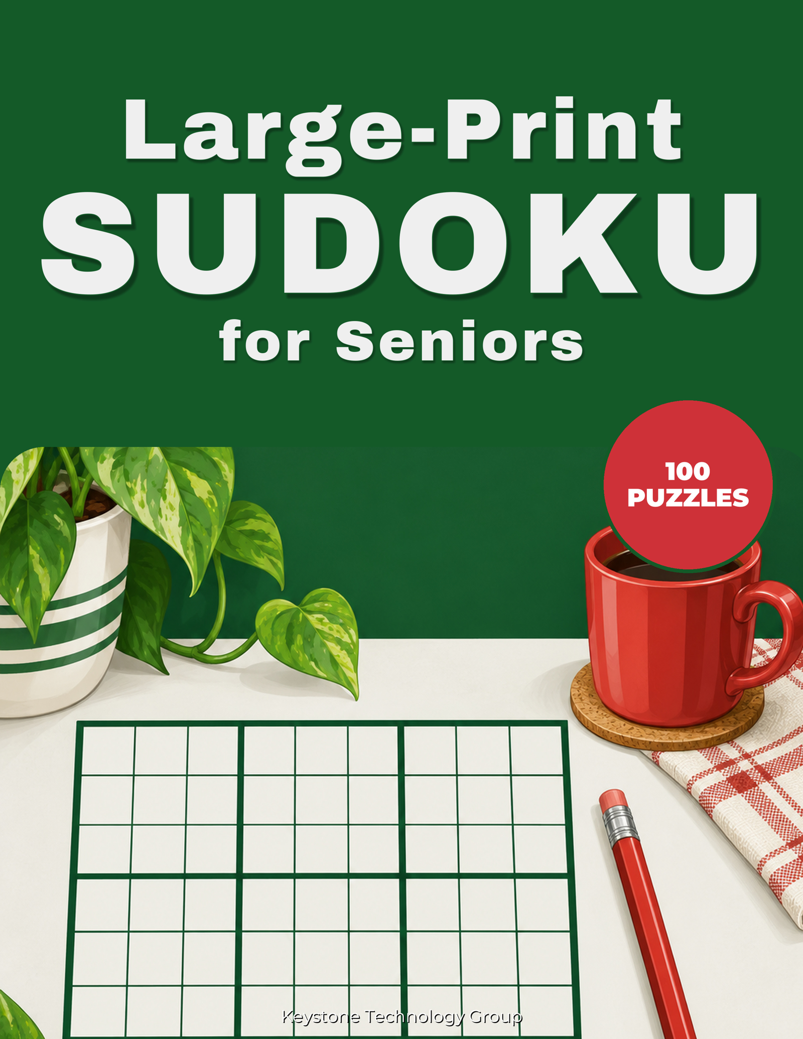 Cover page and sample interior page of Large-Print Sudoku for Seniors showing clear grids and large numbers.