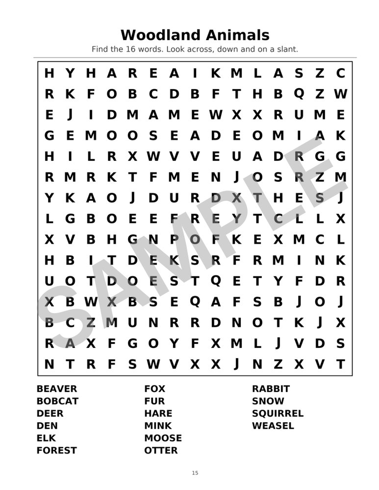 Sample page from Large-Print Winter Word Search for Seniors: Word Search: Woodland Animals, marked SAMPLE