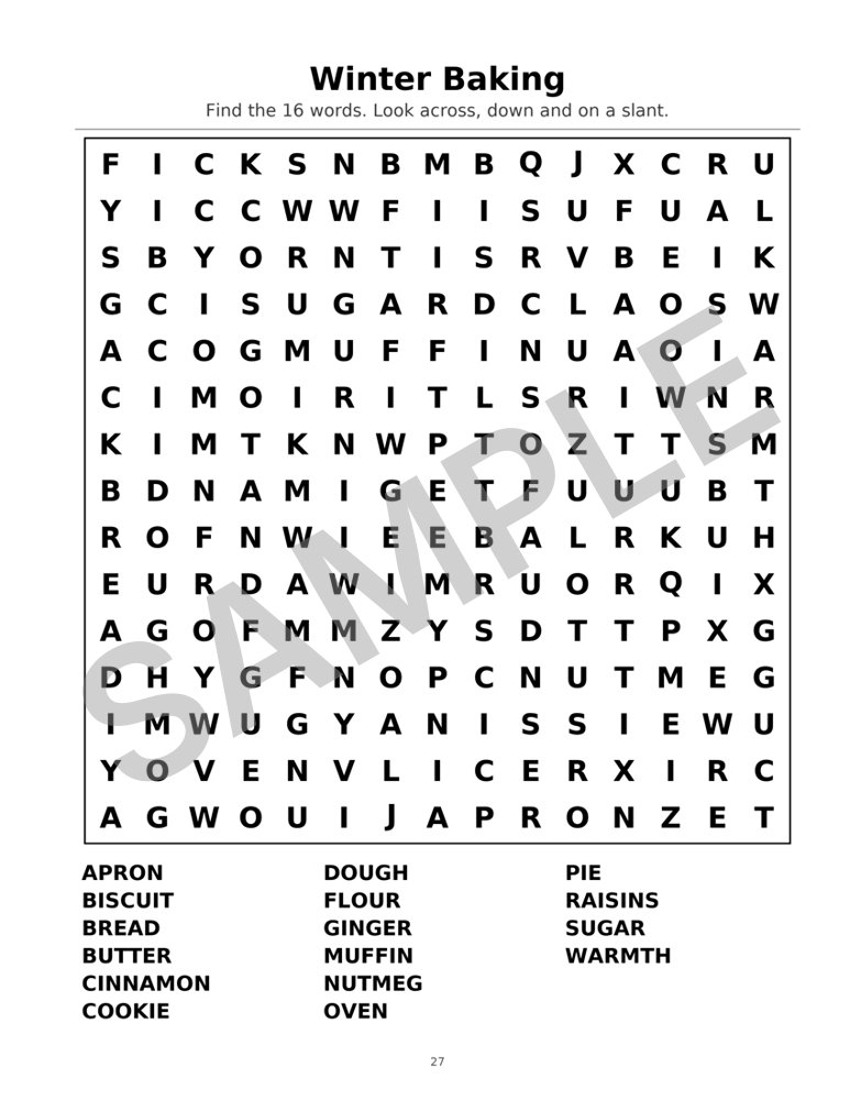 Sample page from Large-Print Winter Word Search for Seniors: Word Search: Winter Baking, marked SAMPLE