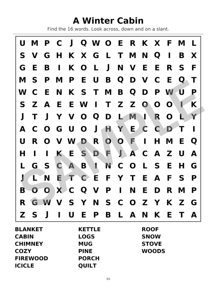 Sample page from Large-Print Winter Word Search for Seniors: Word Search: A Winter Cabin, marked SAMPLE