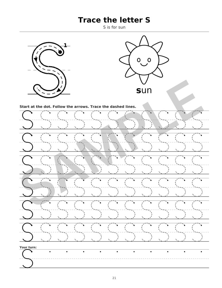 Sample page from Letter and Number Tracing Workbook: Letter S, marked SAMPLE