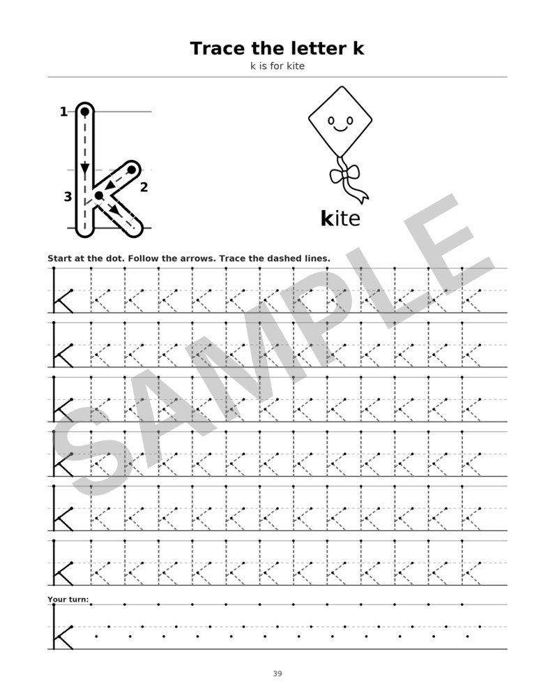Sample page from Letter and Number Tracing Workbook: Letter k, marked SAMPLE