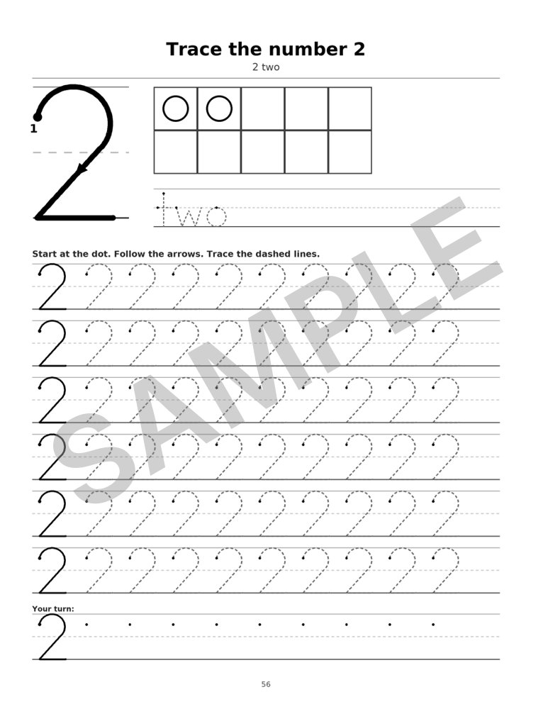 Sample page from Letter and Number Tracing Workbook: Number 2, marked SAMPLE