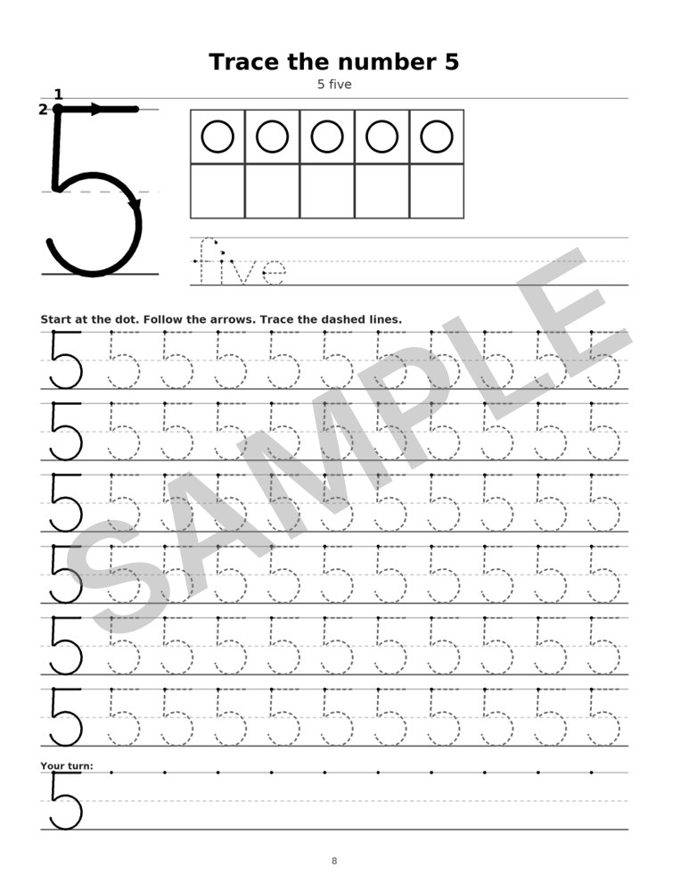 Sample page from Number Tracing Workbook for Kids: Number 5, marked SAMPLE