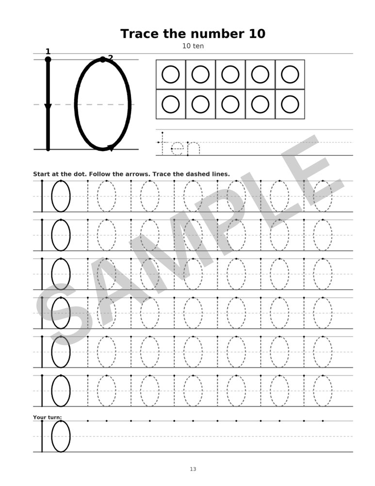 Sample page from Number Tracing Workbook for Kids: Number 10, marked SAMPLE