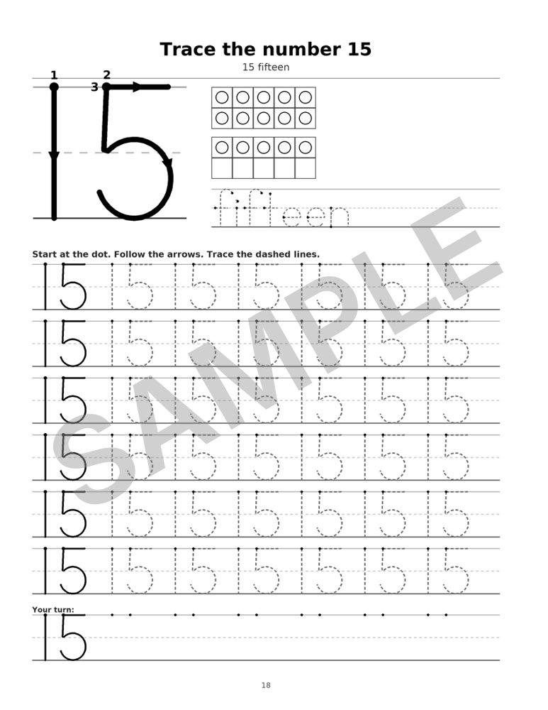 Sample page from Number Tracing Workbook for Kids: Number 15, marked SAMPLE