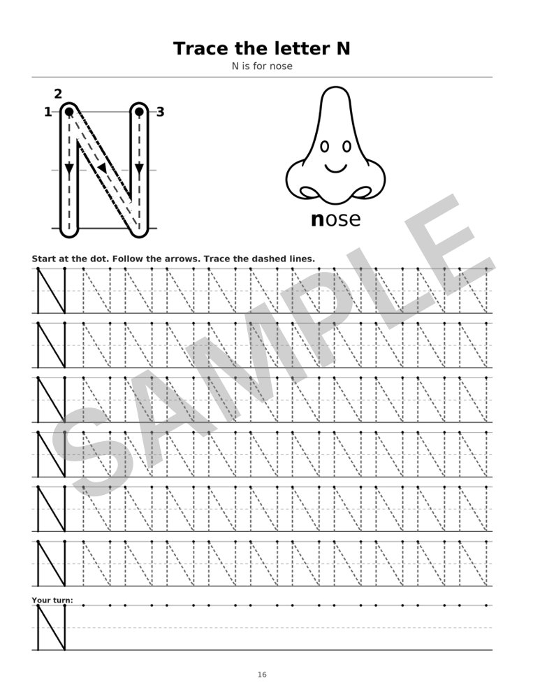 Sample page from Preschool Letter Tracing Workbook: Letter N, marked SAMPLE
