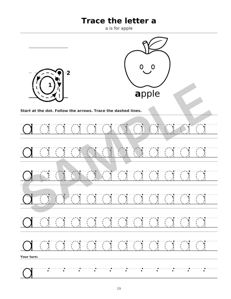 Sample page from Preschool Letter Tracing Workbook: Letter a, marked SAMPLE