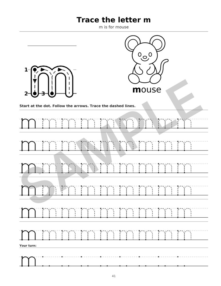 Sample page from Preschool Letter Tracing Workbook: Letter m, marked SAMPLE