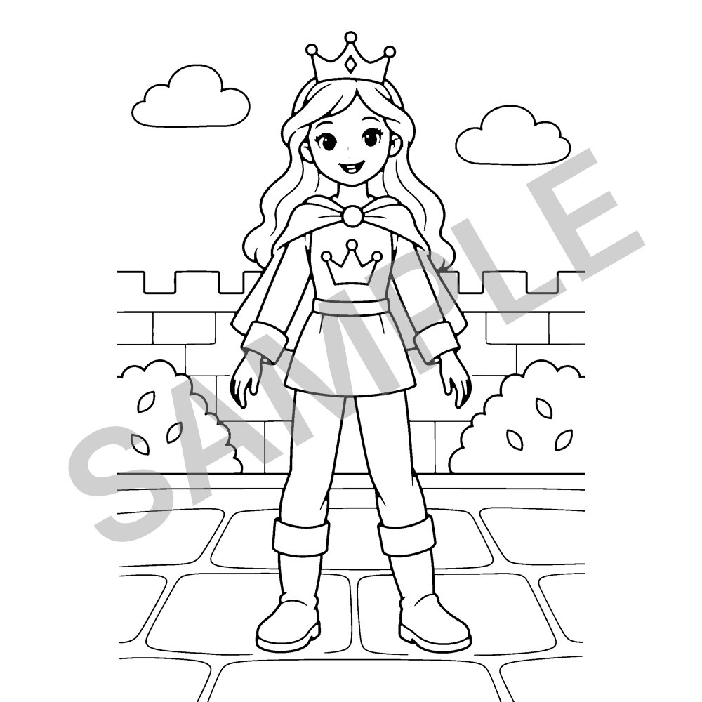 Sample page from Princess and Castles Coloring Book for Kids: Trouser Princess, marked SAMPLE