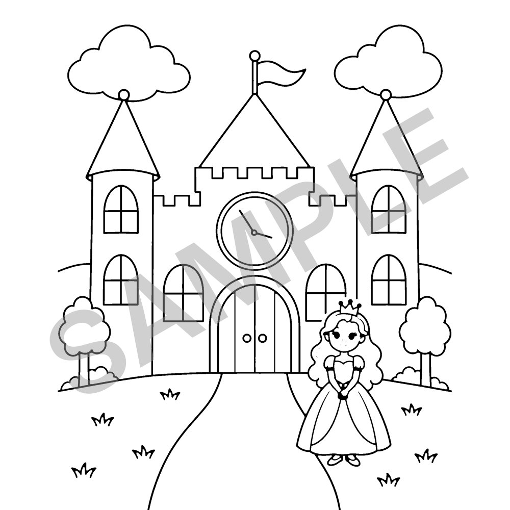 Sample page from Princess and Castles Coloring Book for Kids: Clock Castle, marked SAMPLE