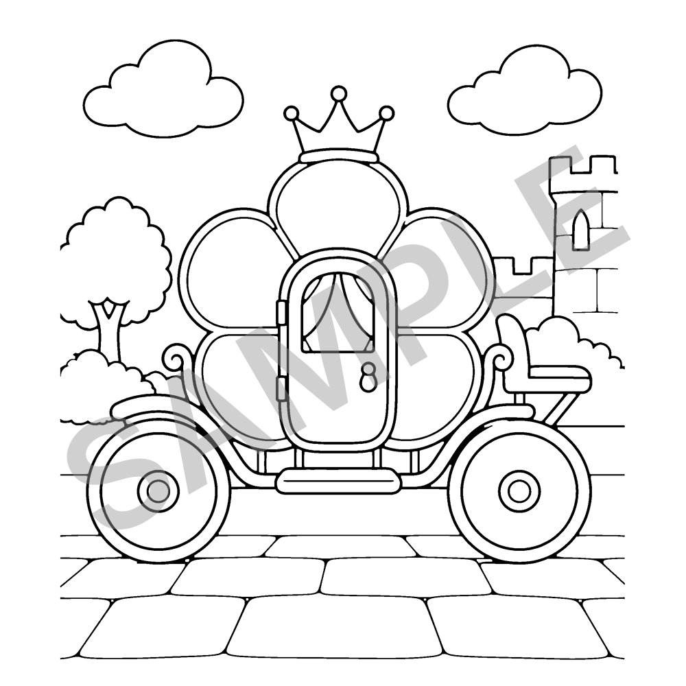 Sample page from Princess and Castles Coloring Book for Kids: Flower Carriage, marked SAMPLE